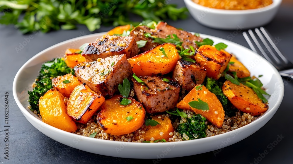 Delicious and Nutritious Roasted Root Vegetable and Quinoa Vegetarian Dish Served in a Rustic Wooden Bowl Showcasing a Healthy Plant Based Meal Concept Delicious and Nutritious Roasted Root Vegetable and Quinoa Vegetarian Dish Served in a Rustic Wooden Bowl Showcasing a Healthy Plant Based Meal Concept