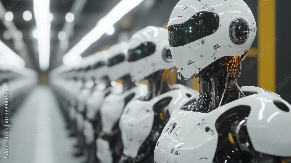 A row of humanoid robots lined up in a futuristic industrial setting. A row of humanoid robots lined up in a futuristic industrial setting.