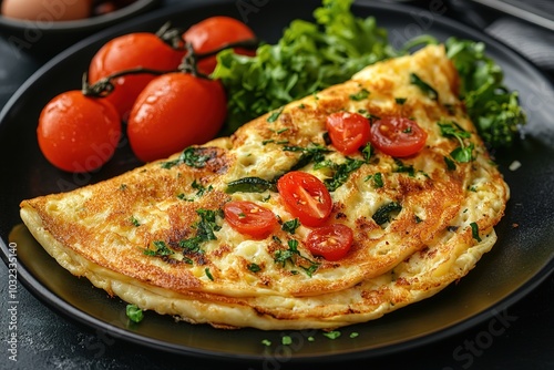 Fresh homemade omelette with mushrooms, feta cheese and herbs. A healthy protein breakfast with mushrooms and spinach