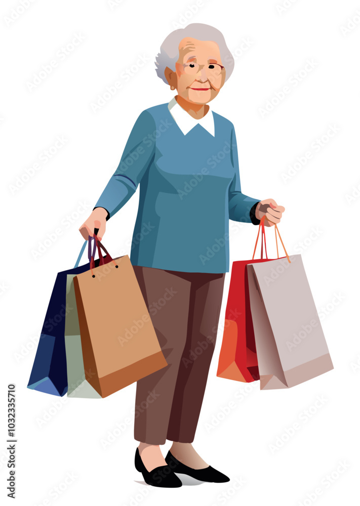 Senior woman holding shopping bags is smiling at you Senior woman holding shopping bags is smiling at you