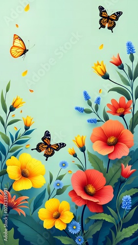 Colorful Butterflies and Blossoms on a Soft, Gentle Mint Background