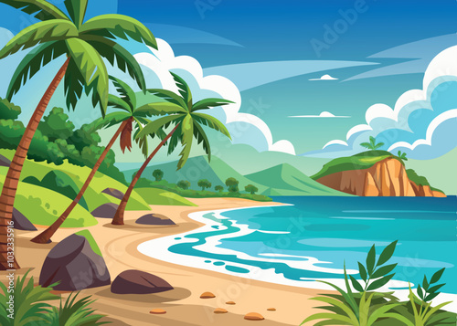 Sailboat sailing past tropical island beach on sunny day cartoon illustration