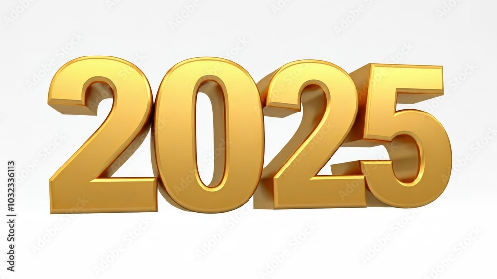 Die goldene Jahreszahl 2025 steht auf einem schlichten weißen Hintergrund und wirkt elegant und minimalistisch, ohne zusätzliche dekorative Elemente. Generative KI. Die goldene Jahreszahl 2025 steht auf einem schlichten weißen Hintergrund und wirkt elegant und minimalistisch, ohne zusätzliche dekorative Elemente. Generative KI.