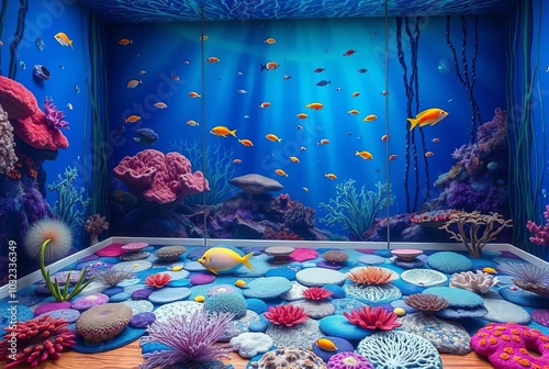 _ . Ocean Floor A room featuring a colorful, vibrant ocean floor photo