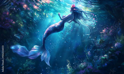 Beautiful mermaid swimming in the depths, illustration generative AI