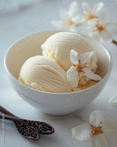 Close-up of creamy vanilla ice cream in an elegant white bowl, minimalist style