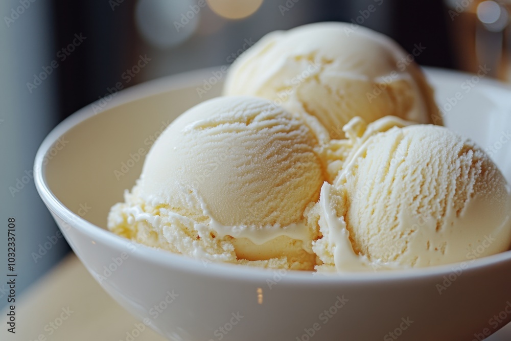 Close-up of creamy vanilla ice cream in an elegant white bowl, minimalist style
Close-up of creamy vanilla ice cream in an elegant white bowl, minimalist style