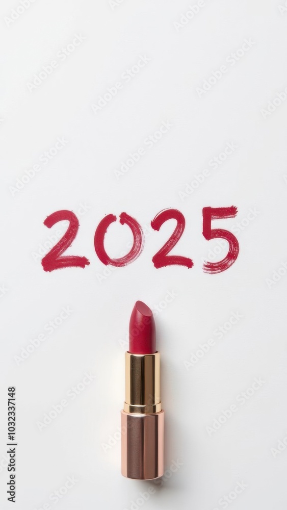 The year 2025 elegantly appears in bold red lipstick against a pristine white background, creating a striking visual contrast that stands out