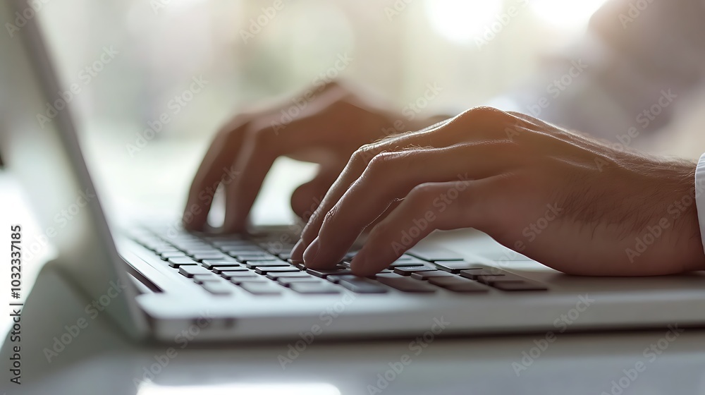 Close-up of hands typing on a laptop keyboard. Close-up of hands typing on a laptop keyboard.