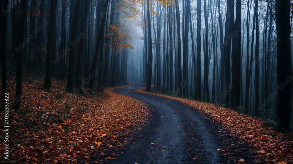 Fototapeta premium Serene winding forest path in autumn mist