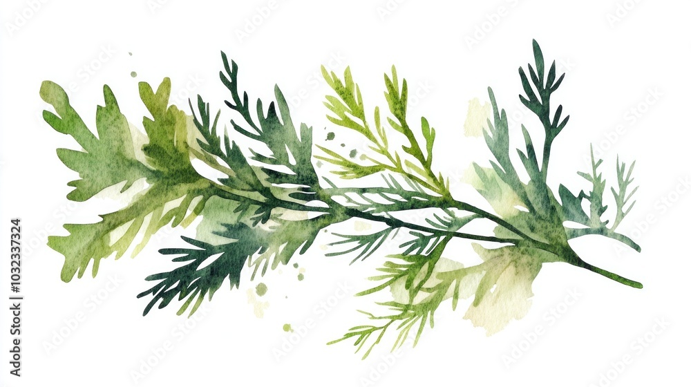 Sprig of green dill with feathery leaves. Botanical illustration Sprig of green dill with feathery leaves. Botanical illustration