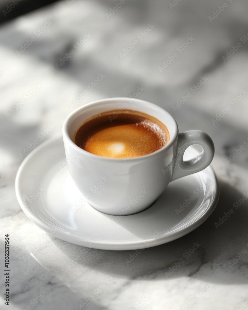 Rich espresso coffee shot with perfect crema in a minimalist white ceramic cup

