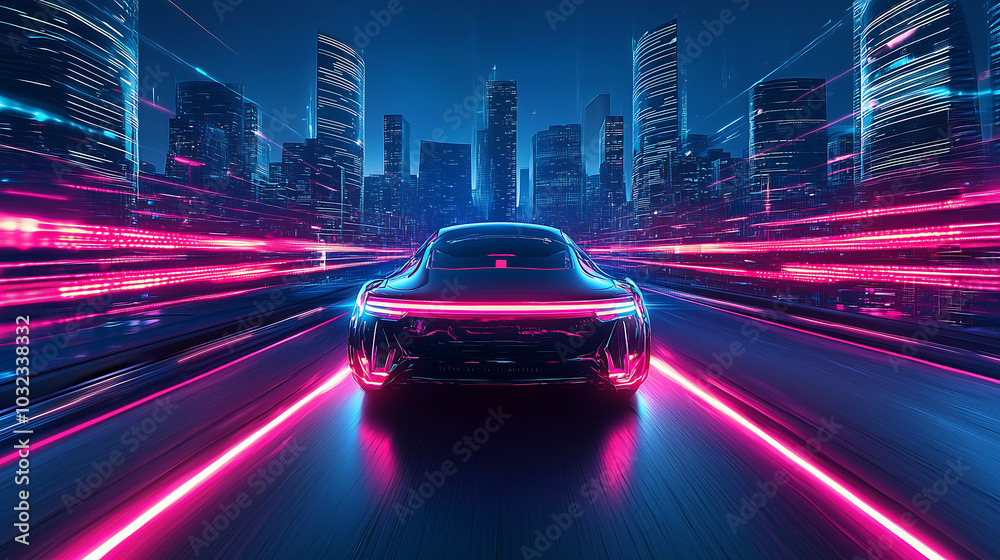 futuristic car speeding through neon cityscape with glowing lights and high tech design