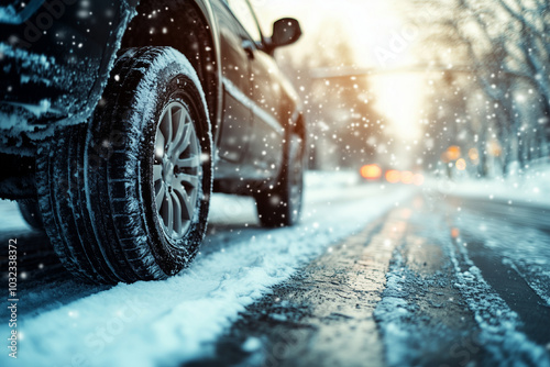 Car on a winter road with snow, close-up of car wheels in motion