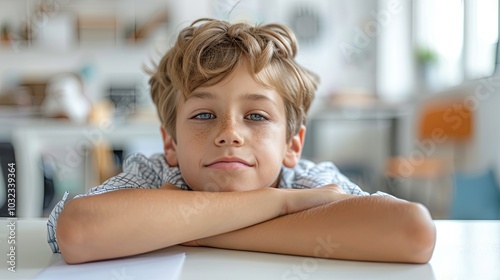 A young boy rests his head on his arms at a white table, capturing a serene moment of tiredness after school. The scene serves as a banner with space for copy