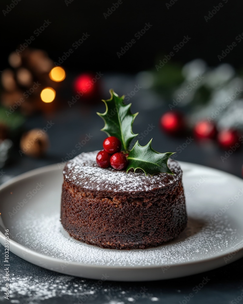 Traditional Christmas pudding with holly sprig and powdered sugar on a minimalist white plate
Traditional Christmas pudding with holly sprig and powdered sugar on a minimalist white plate