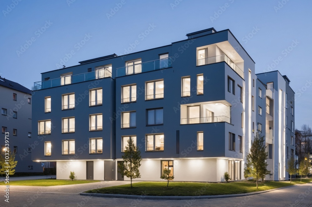 Obraz premium Minimalist apartment building with illuminated windows at dusk