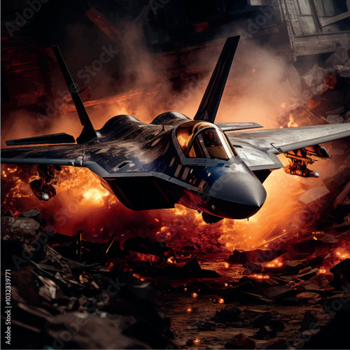 Military fighter on fire. The fighter plane is burning and smoking. Military plane crash. Military aviation. War, explosion, terrorist attack, terrorist attack, military action.