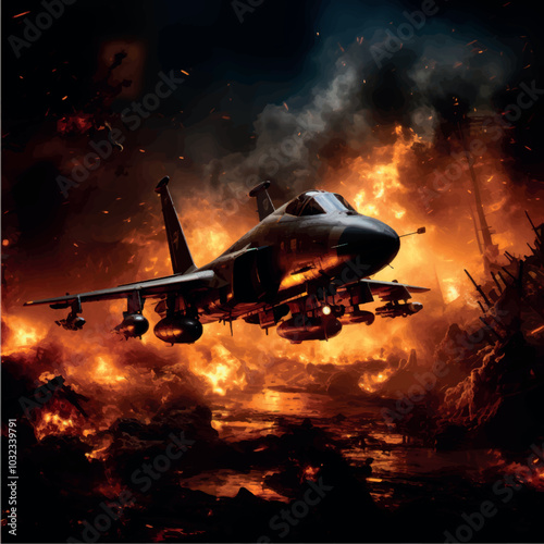 Military fighter on fire. The fighter plane is burning and smoking. Military plane crash. Military aviation. War, explosion, terrorist attack, terrorist attack, military action.