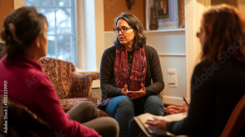 A compassionate therapist guiding a session on trauma-informed care, with warm lighting and comfortable seating, while participants share their experiences and find support