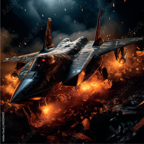 Military fighter on fire. The fighter plane is burning and smoking. Military plane crash. Military aviation. War, explosion, terrorist attack, terrorist attack, military action.