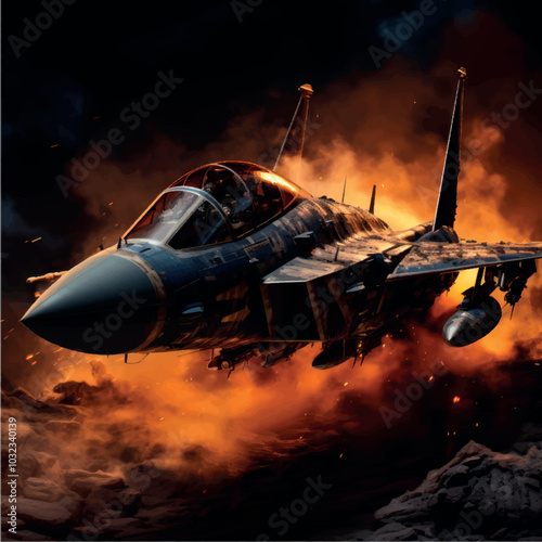 Military fighter on fire. The fighter plane is burning and smoking. Military plane crash. Military aviation. War, explosion, terrorist attack, terrorist attack, military action.