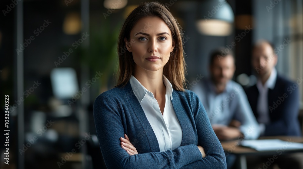 Fototapeta premium A confident woman stands in an office, with colleagues blurred in the background.