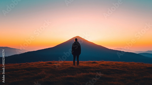 Solitary figure admiring a breathtaking mountain sunset photo