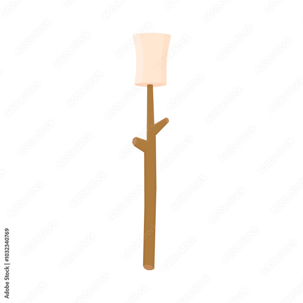 Marshmallow on a branch in cartoon style on a white isolated background. Roasting marshmallows on a campfire. Symbol of the campaign. Marshmallow on a branch in cartoon style on a white isolated background. Roasting marshmallows on a campfire. Symbol of the campaign.