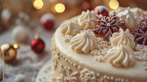 Close-up of decorated Christmas cake with icing details on an elegant holiday table