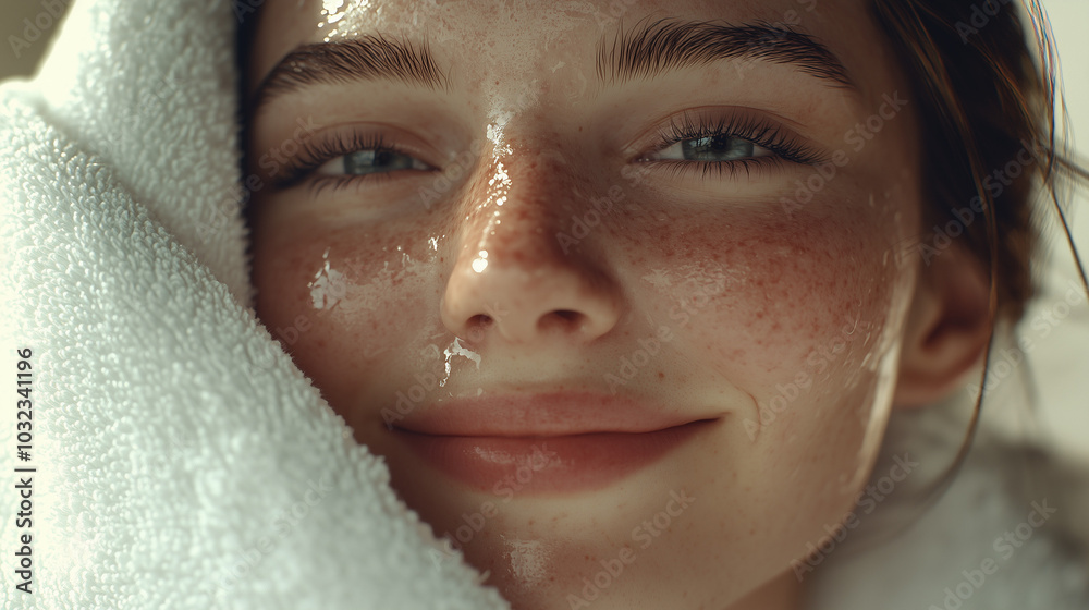 Smiling woman with glowing skin wrapped in a towel, Fresh-faced beauty after skincare routine. Fresh face after skincare routine with towel. Close-up. Cosmetic shot, beauty industry advertising photo. Smiling woman with glowing skin wrapped in a towel, Fresh-faced beauty after skincare routine. Fresh face after skincare routine with towel. Close-up. Cosmetic shot, beauty industry advertising photo.