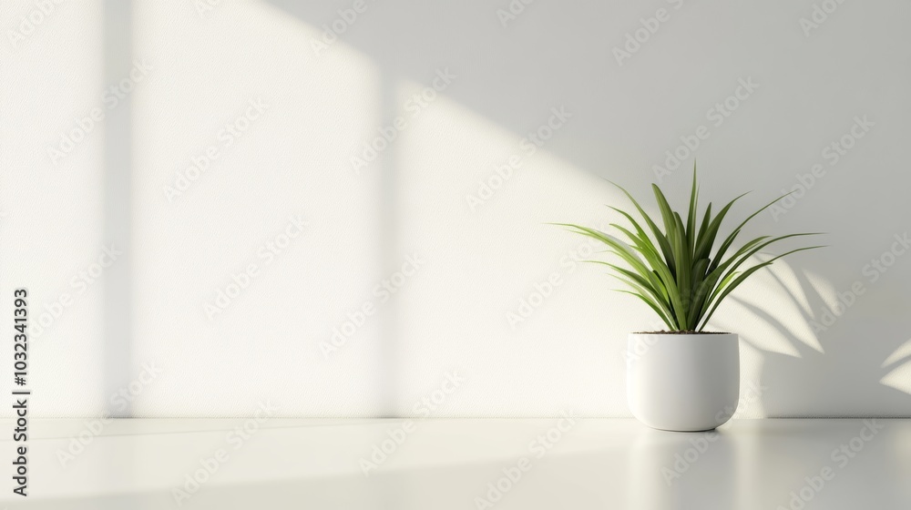 Minimalist workspace with single potted plant, bright white background, clean lines Minimalist workspace with single potted plant, bright white background, clean lines