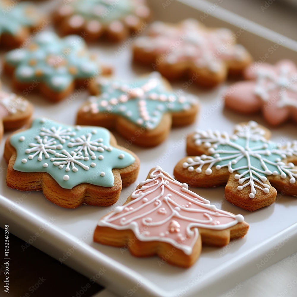 Close-up of colorful Christmas cookies with intricate icing on a minimalist white tray
Close-up of colorful Christmas cookies with intricate icing on a minimalist white tray