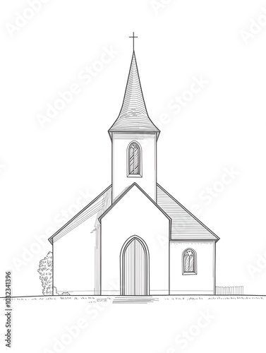 Minimalist Line Drawing of a Quaint Chapel with Tall Steeple and Arched Door against White Background
