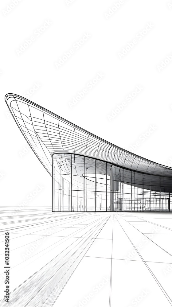 Minimalist Outline of Modern Airport Terminal with Clean Lines and Glass Walls