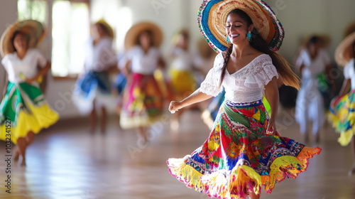 A cultural immersion experience where participants learn traditional dance in a local community center, dressed in colorful cultural attire