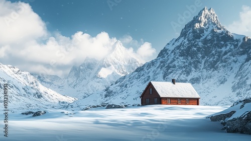 Solitary cabin amid snow-covered mountains under blue sky, tranquil winter landscape evokes serenity and isolation in nature's beauty.