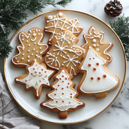 Decorated Christmas cookies shaped like trees, stars, and gingerbread men on a plate