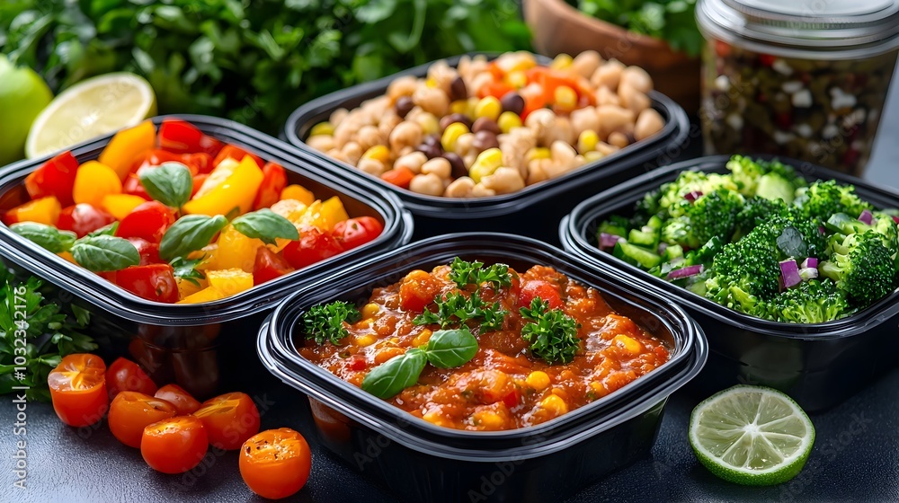 Organized meal prep station with various containers filled with healthy soups stews and salads for efficient meal planning and Organized meal prep station with various containers filled with healthy soups stews and salads for efficient meal planning and