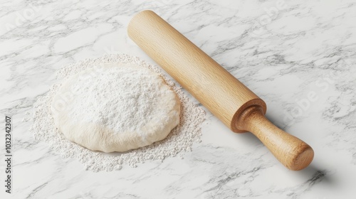 Rolling Pin and Flour on Marble Surface