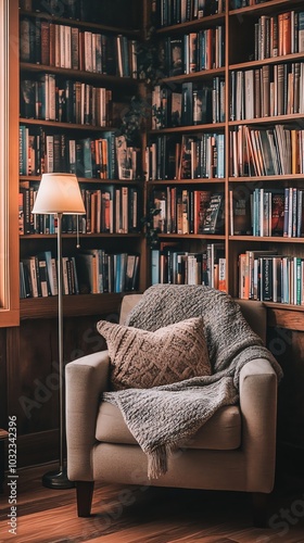 A cozy armchair with a blanket and a lamp in a room with bookshelves filled with books.