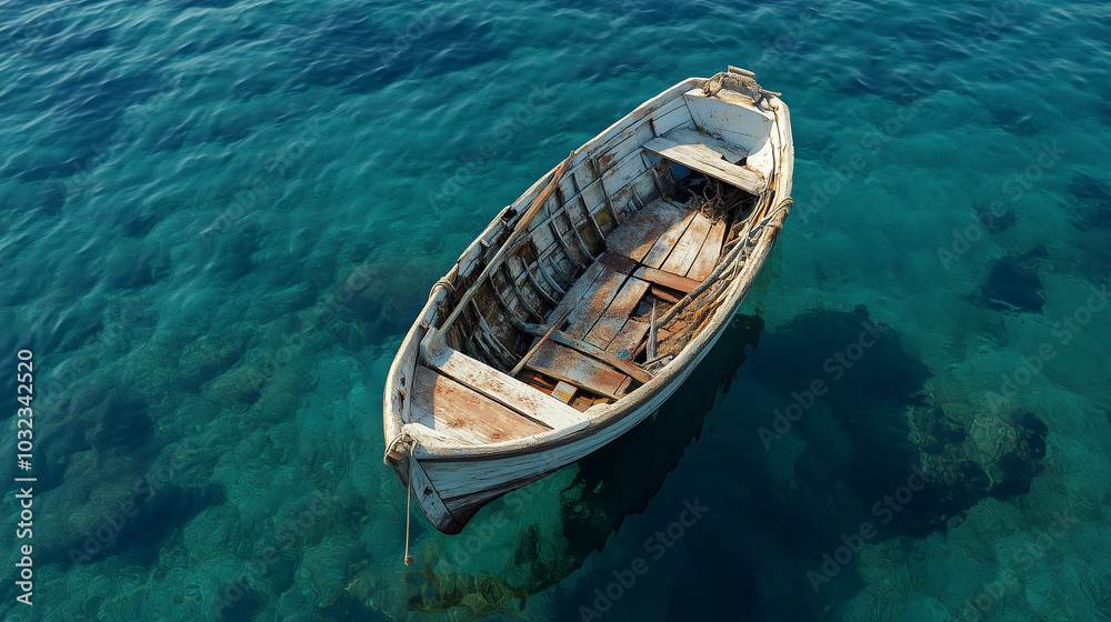 Abandoned wooden boat floating in clear turquoise waters