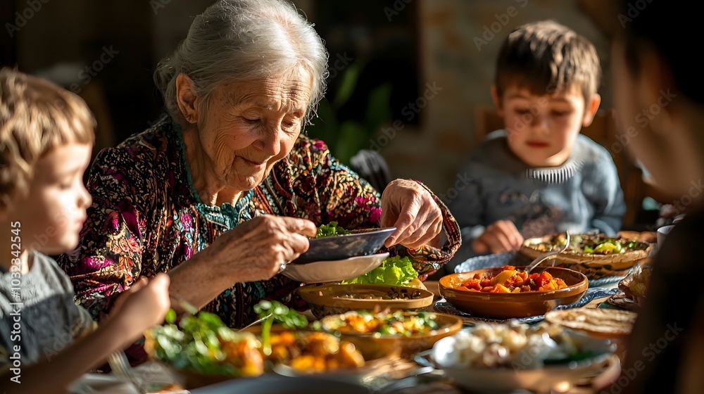 Elderly Grandmother Lovingly Feeding Grandchildren at Family Meal