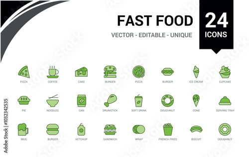 Fast food colorful line icons set. Related to Burger, donut line and solid color icon collection for web and ui. Outline symbol pack, Icon names are written in English.