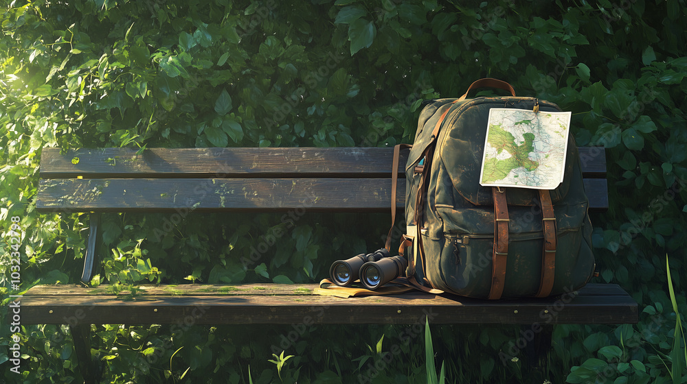 Fototapeta premium Adventurer's backpack resting on a rustic bench in nature