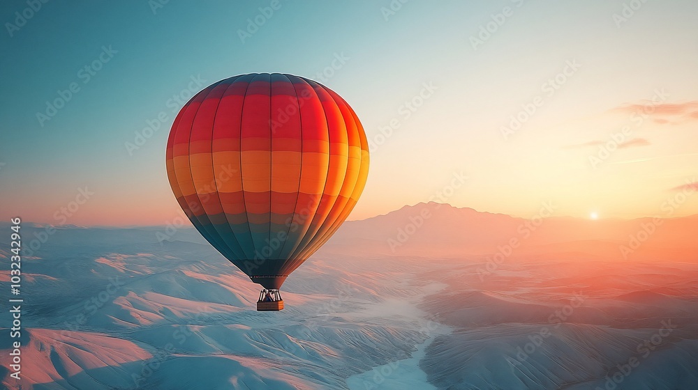 Fototapeta premium A colorful hot air balloon soars over a snowy landscape at sunset.