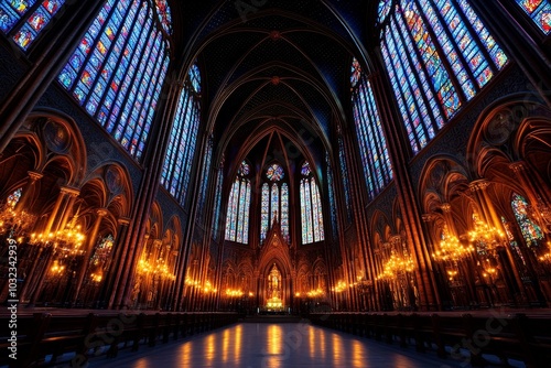 Gothic cathedral interior, with intricate stained glass windows glowing in dim light