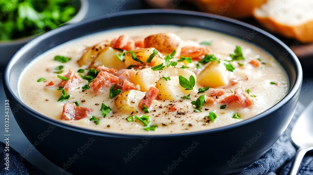 Homemade Creamy Potato Soup Simmered in a Slow Cooker and Ladled into a Serving Bowl Offering a Warm and Nourishing Meal Homemade Creamy Potato Soup Simmered in a Slow Cooker and Ladled into a Serving Bowl Offering a Warm and Nourishing Meal