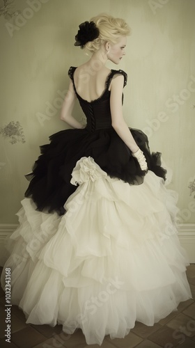 A woman from the back, wearing a luxurious ball gown with a black bodice and layered white ruffles