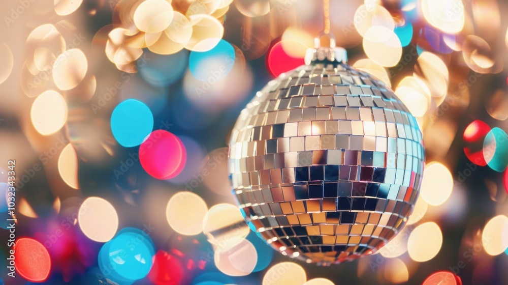 Obraz premium Colorful bokeh and silver disco ball reflecting lights in festive atmosphere
